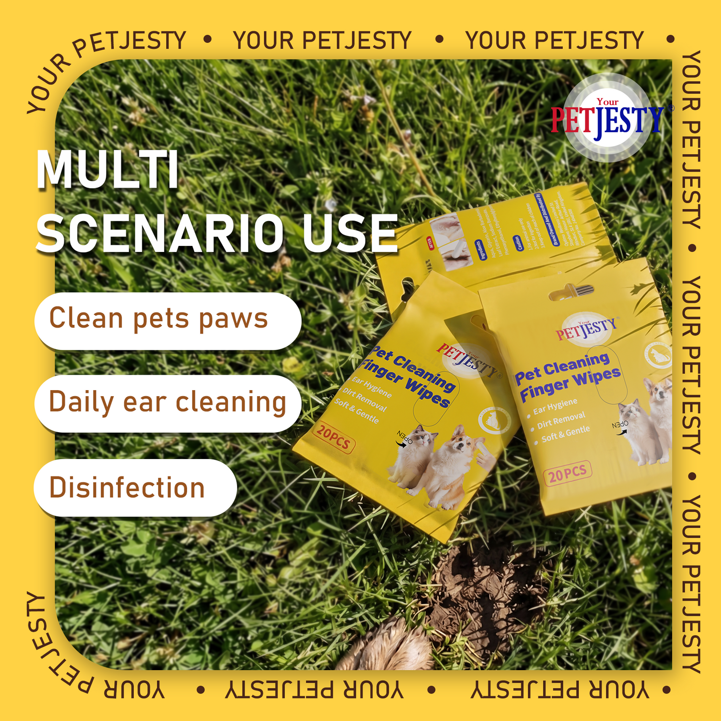 Petjesty Finger Pet Wipes for Dogs & Cats - Gentle Ear & Eye Cleaning Wipes with Aloe & Glycerin - 20 Pack Portable Pet Grooming Wipes