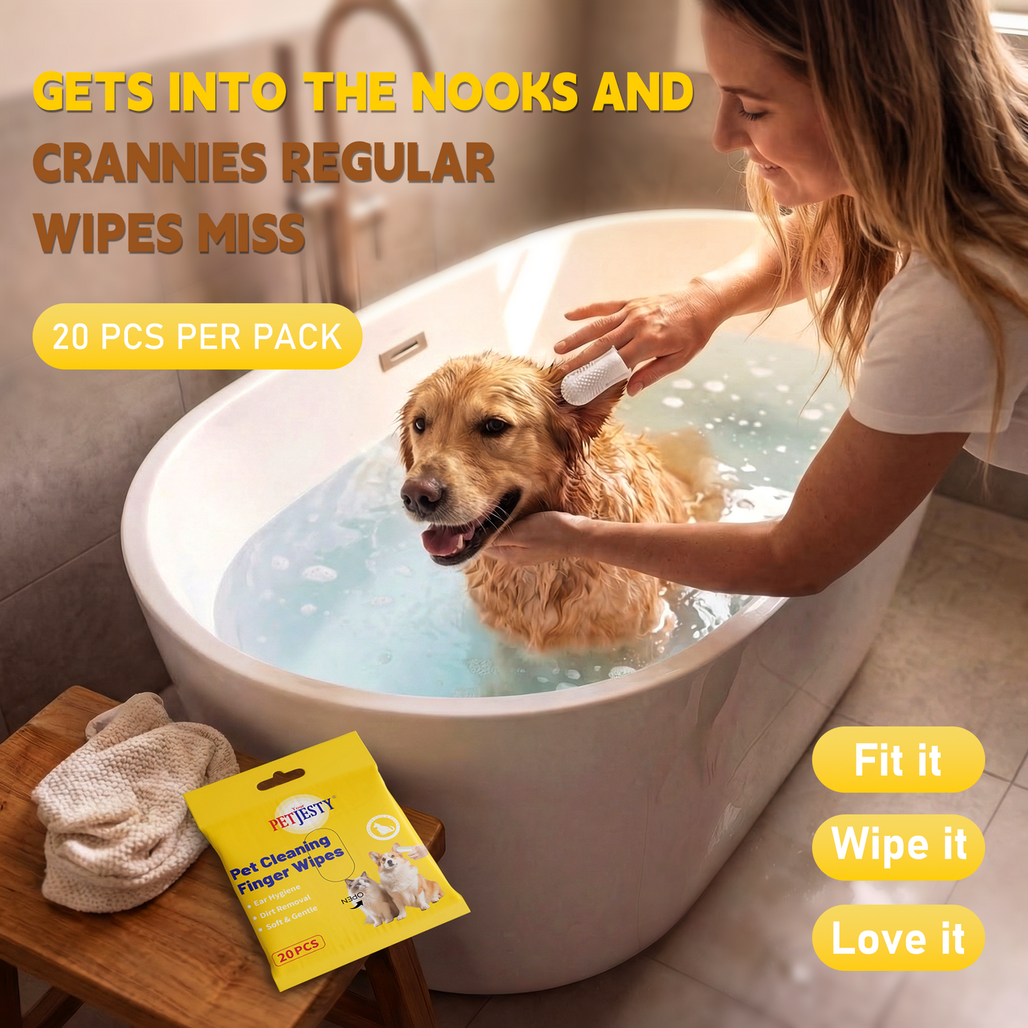 Petjesty Finger Pet Wipes for Dogs & Cats - Gentle Ear & Eye Cleaning Wipes with Aloe & Glycerin - 20 Pack Portable Pet Grooming Wipes