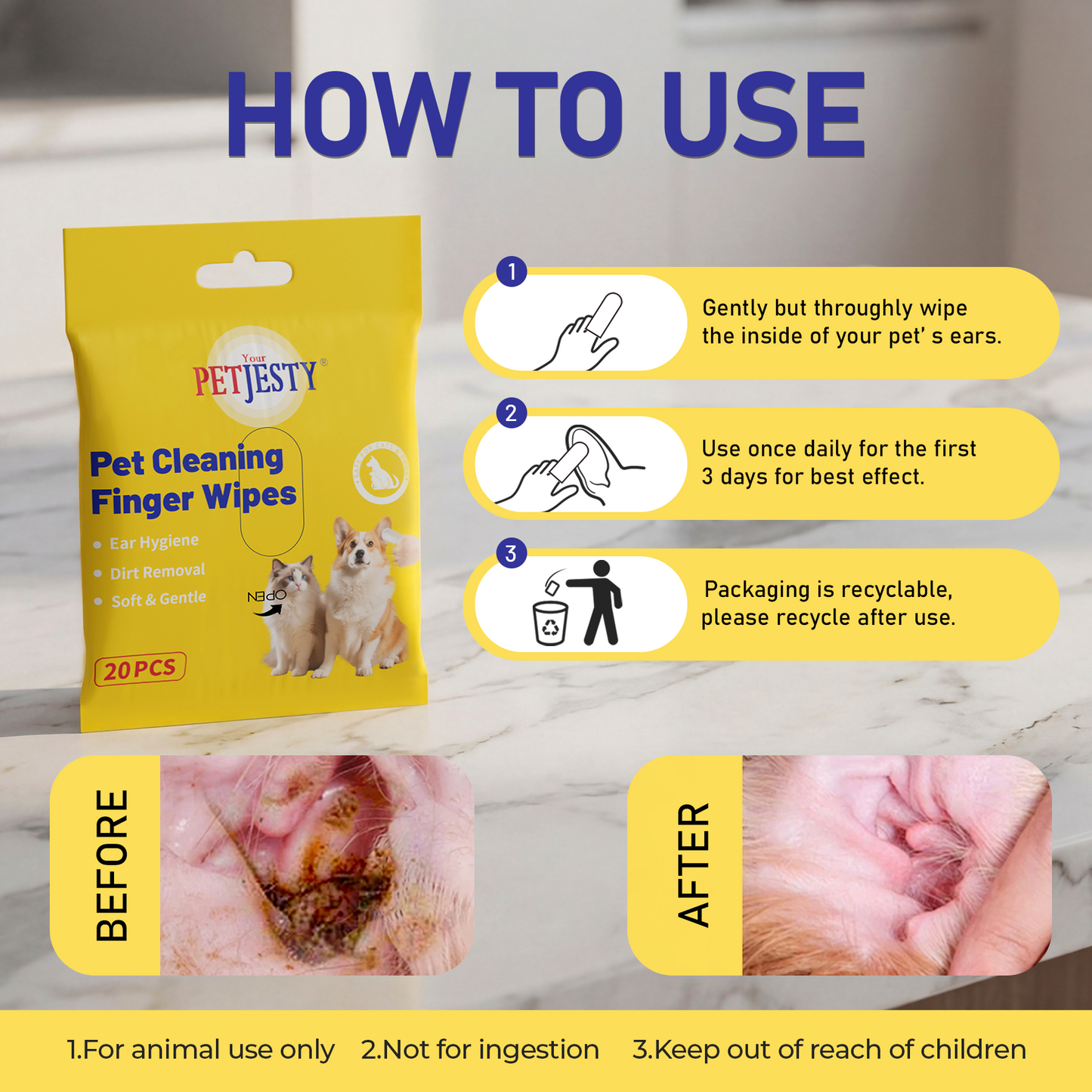 Petjesty Finger Pet Wipes for Dogs & Cats - Gentle Ear & Eye Cleaning Wipes with Aloe & Glycerin - 20 Pack Portable Pet Grooming Wipes