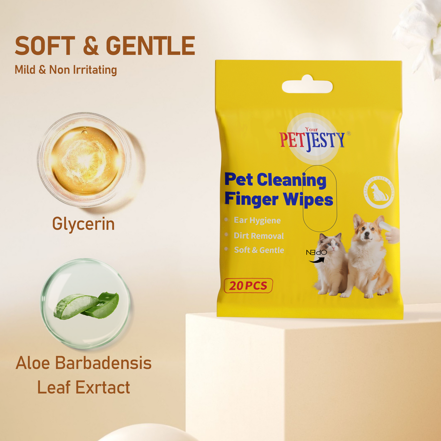 Petjesty Finger Pet Wipes for Dogs & Cats - Gentle Ear & Eye Cleaning Wipes with Aloe & Glycerin - 20 Pack Portable Pet Grooming Wipes